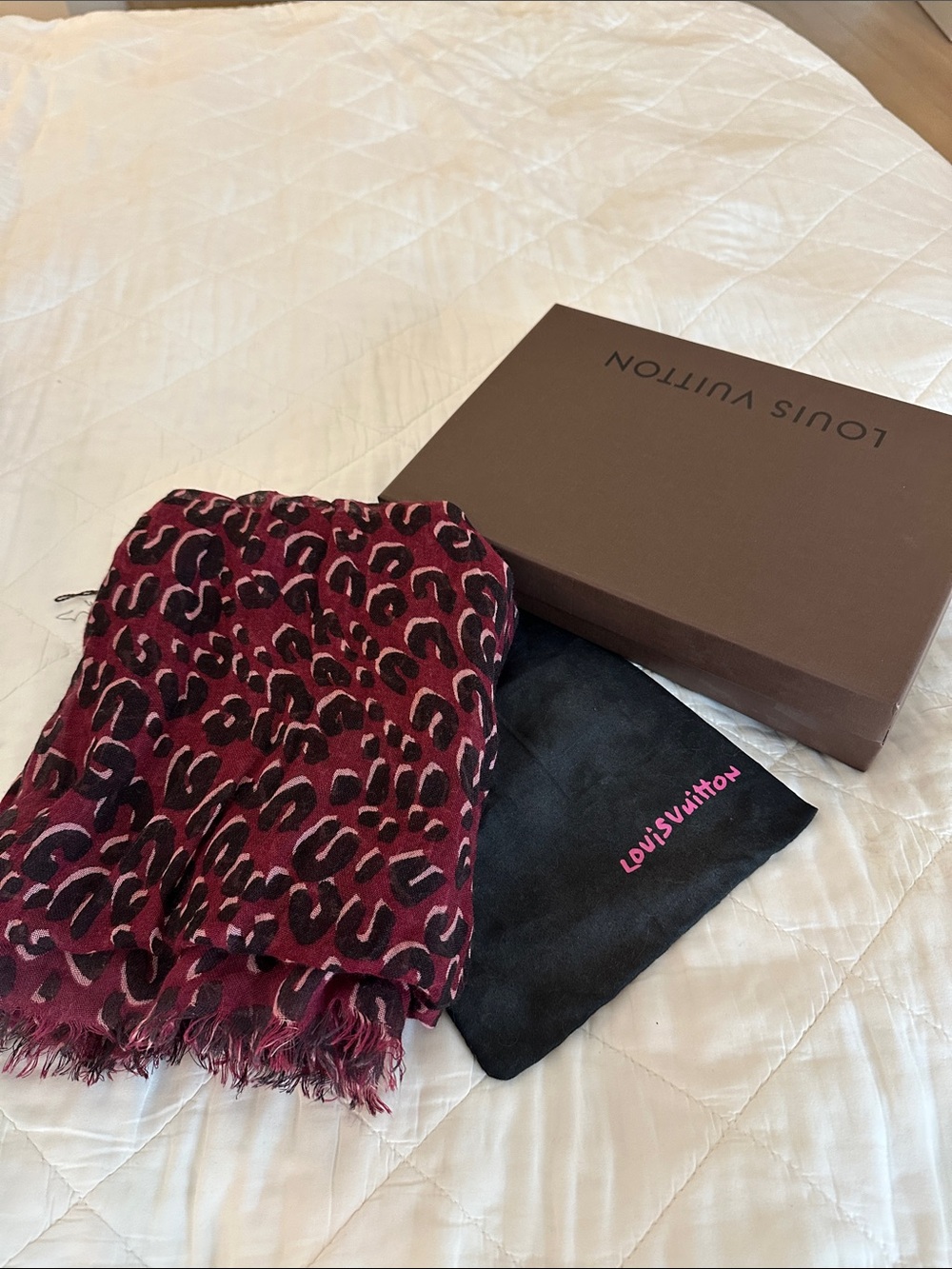 Louis Vuitton Burgundy and Black Leopard Print Wool Scarf